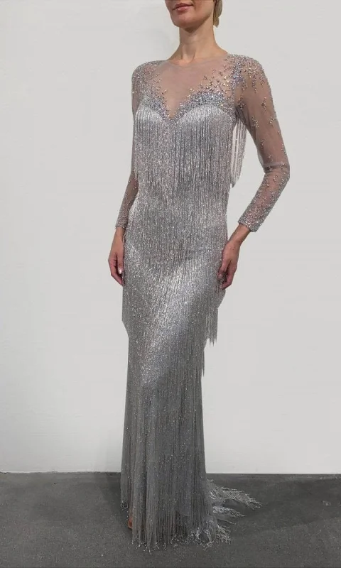 Crazy Savings Terani Couture - Long Sleeve Fringed Evening Dress 2111GL5037 - 1 pc Silver Crystal In Size 18 Available