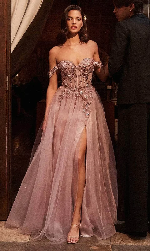Flash Deals Cinderella Divine KV1126 - Floral Applique Off-Shoulder Prom Gown