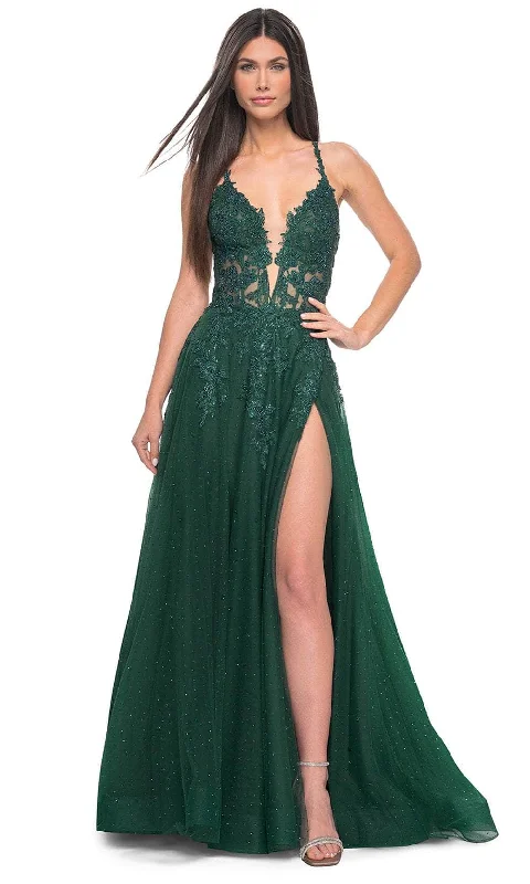 New Markdowns La Femme 32147 - Lace Applique Prom Dress with Slit