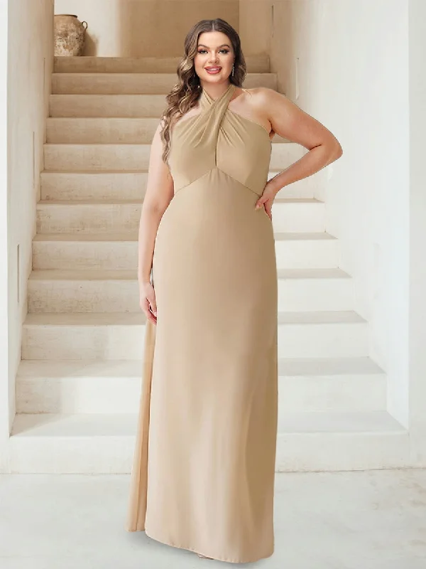 Unmissable Offer Sheath/Column Halter Sleeveless Ruched Plus Size Bridesmaid Dresses