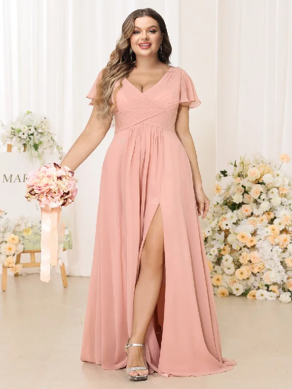 Must-Have Deals A-Line/Princess V-Neck Short Sleeves Long Plus Size Bridesmaid Dresses with Split Side
