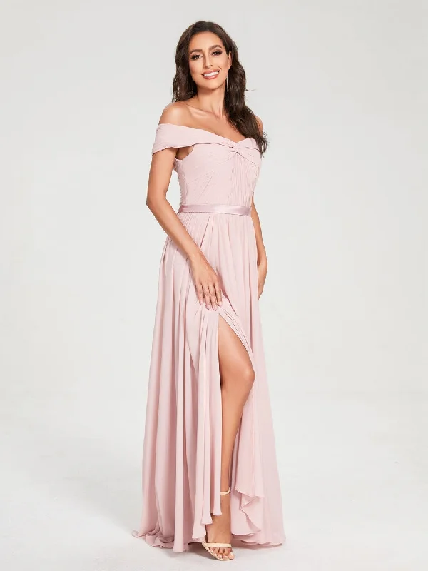 Great Bargains A-Line/Princess Chiffon Off-the-Shoulder Sleeveless Floor-Length Split Side With Belt Bridesmaid Dresses