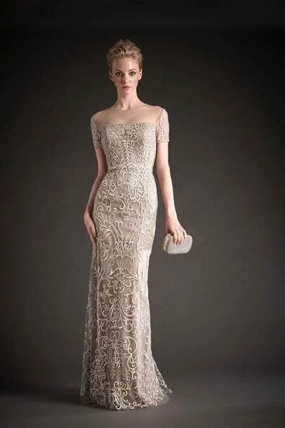 New Markdowns Hynes Park - Illusion Short Sleeve Scroll Embroidered Gown M106 - 1 pc Silver/Nude In Size 12 Available