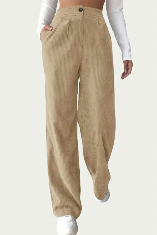 High-Waist Pleated Corduroy Pants In Beige