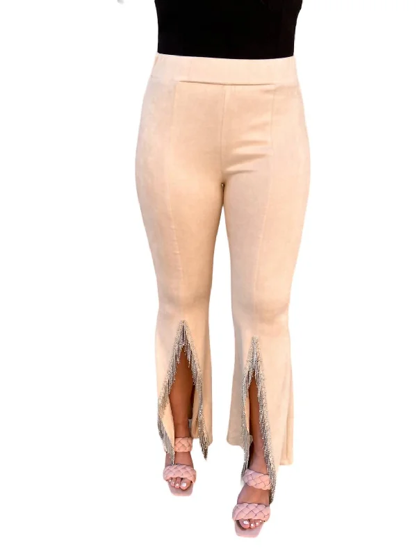 Price Rollback Sadie Rhinestone Fringe Hem Suede Bellbottoms In Beige