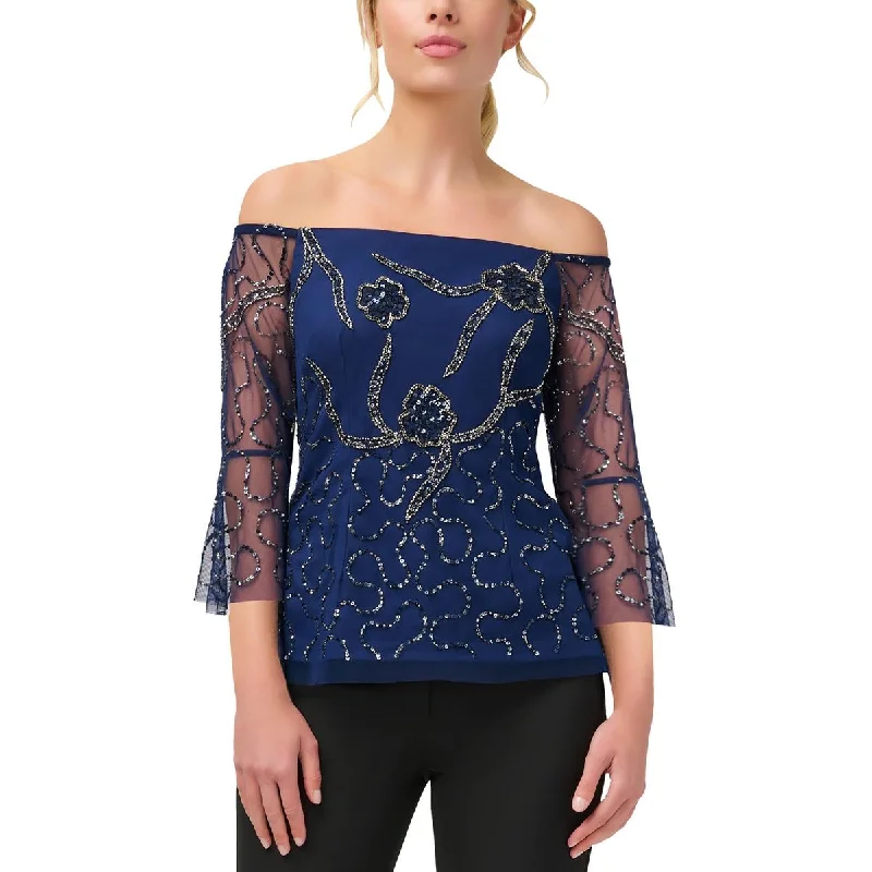 Adrianna Papell Womens Sequined Beaded Blouse