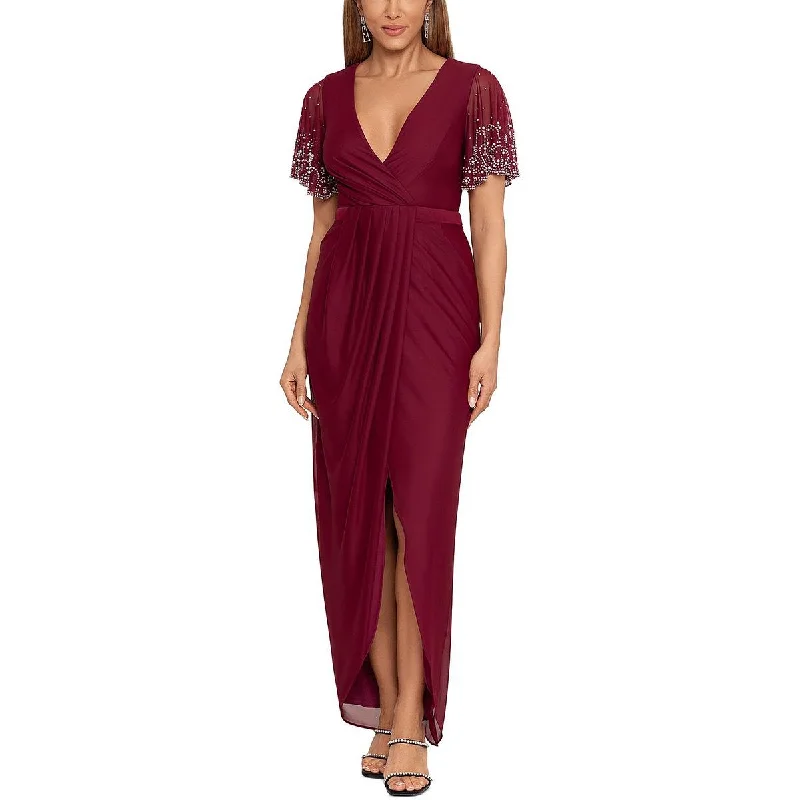 B&A by Betsy and Adam Womens Chiffon Beaded Evening Dress