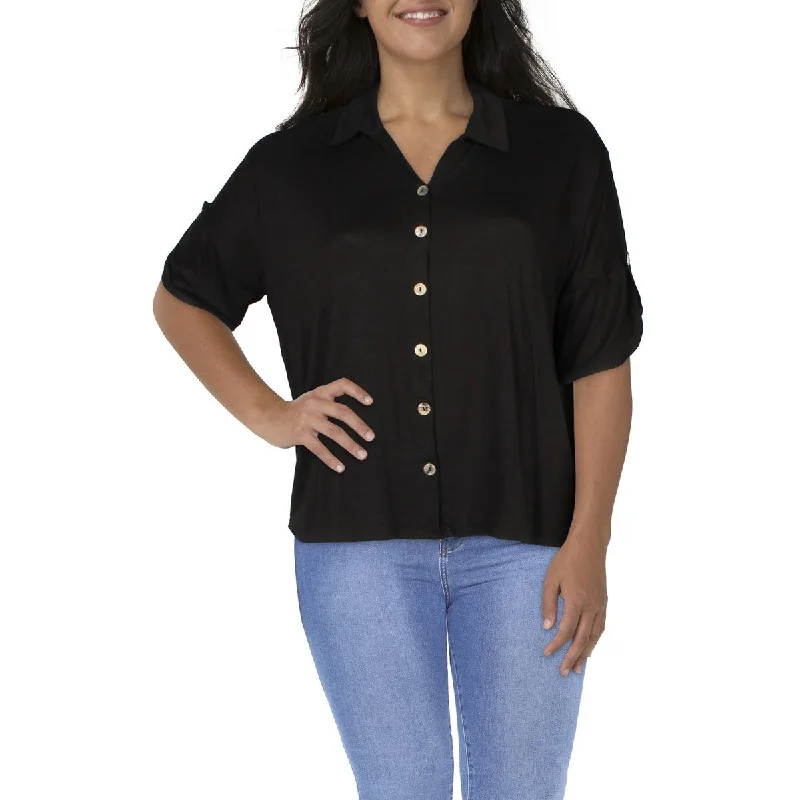 Coin 1804 Womens Plus Collared Short Sleeve Button-Down Top