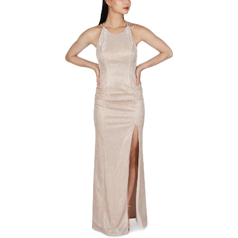 Dear Moon Womens Juniors Metallic Strappy Back Evening Dress