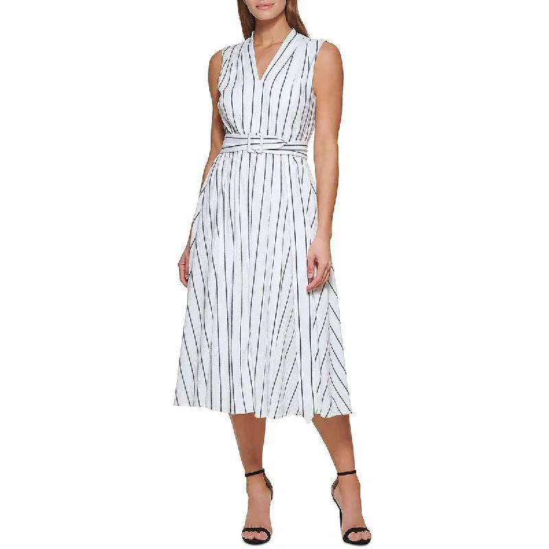 DKNY Womens Belted Midi Fit & Flare Dress