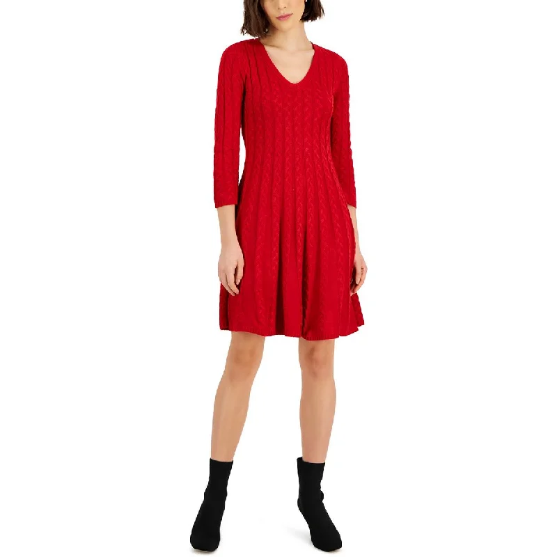 Jessica Howard Womens Cable Knit V-Neck Sweaterdress