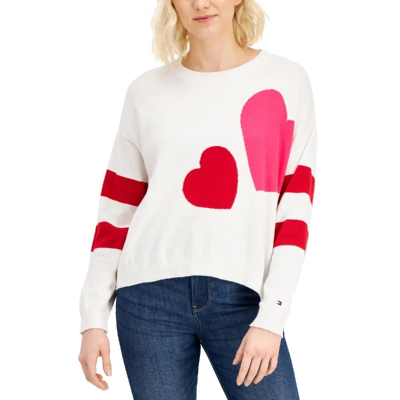 Tommy Hilfiger Womens Double Heart Graphic Stripe Trim Crewneck Sweater