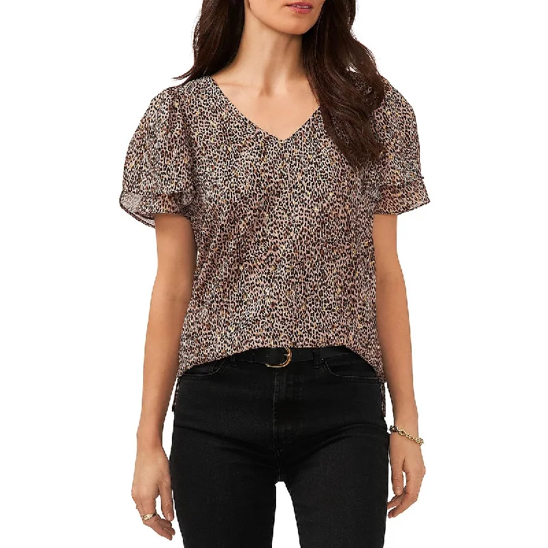 Vince Camuto Womens Leopard V Neck Pullover Top