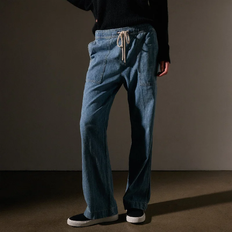 Closeout Sale Wide Leg Pull On Denim Pant - Mid Bleach Wash