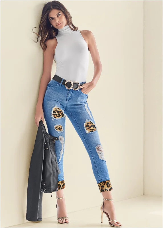 Overstock Sale Leopard Cuffed Jeans - Light Wash