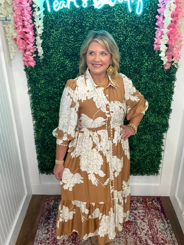 Special Price Falling Foliage Maxi Dress | Camel