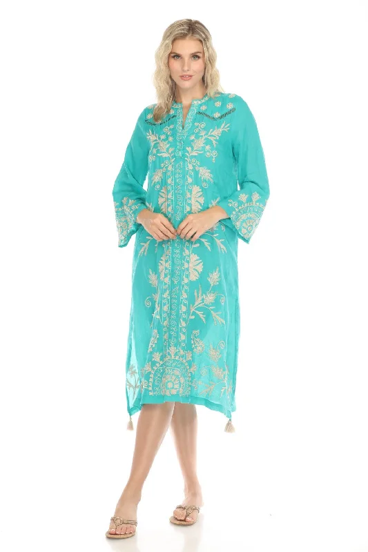 Amazing Deals Johnny Was Workshop Teal Western Trim Henley Midi Dress W31024-E