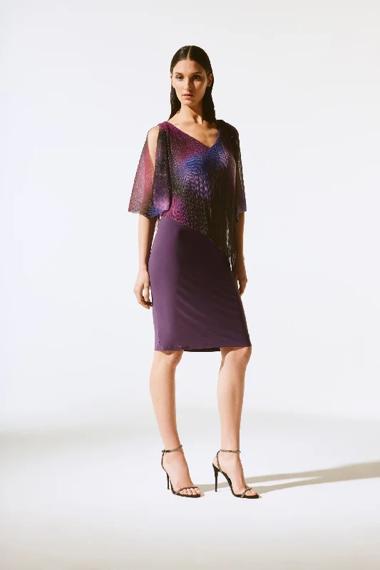 Buy More, Save More Joseph Ribkoff Black Currant/Multi Metallic Pleated Overlay Sheath Dress 243718 Buy More, Save More Joseph Ribkoff Black Currant/Multi Metallic Pleated Overlay Sheath Dress 243718