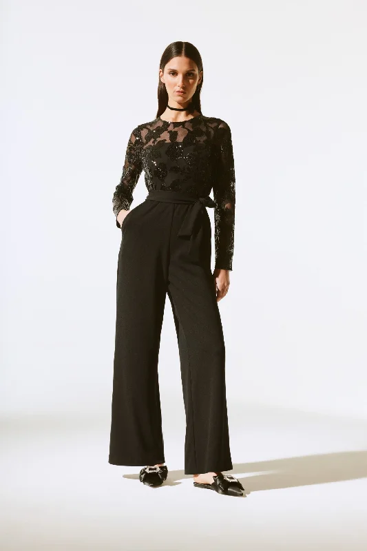 Can't Be Beat Joseph Ribkoff Black Floral Sequined Mesh Long Sleeve Jumpsuit 243763 Can't Be Beat Joseph Ribkoff Black Floral Sequined Mesh Long Sleeve Jumpsuit 243763