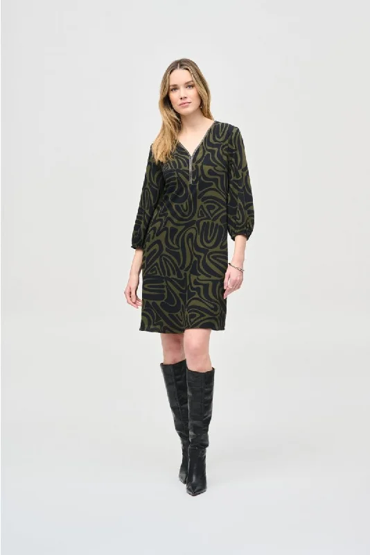 Don't Miss Joseph Ribkoff Black/Green Abstract Print Puff Sleeve Shift Dress 243154 Don't Miss Joseph Ribkoff Black/Green Abstract Print Puff Sleeve Shift Dress 243154