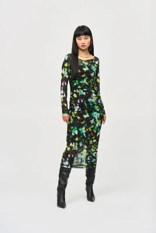 New Markdowns Joseph Ribkoff Black/Multi Abstract Print Ruched Midi Sheath Dress 243090
