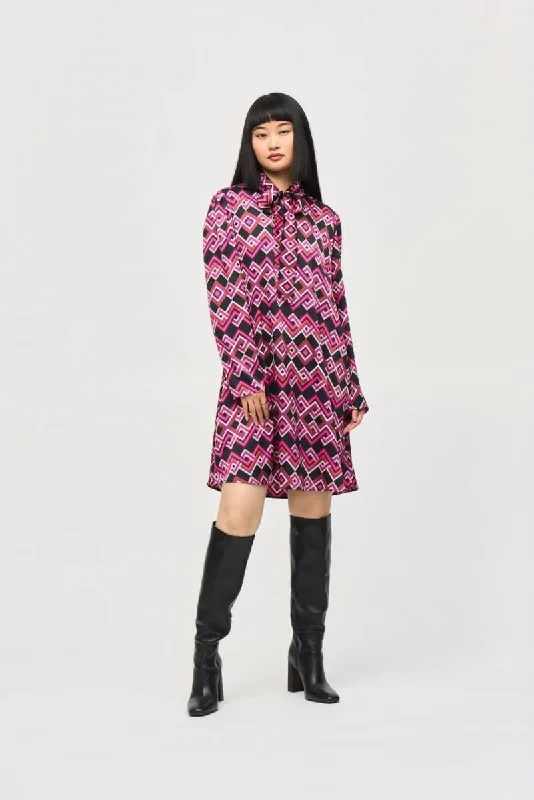 Clearance Event Joseph Ribkoff Black/Multi Geometric Pussy Bow Satin Shift Dress 243174