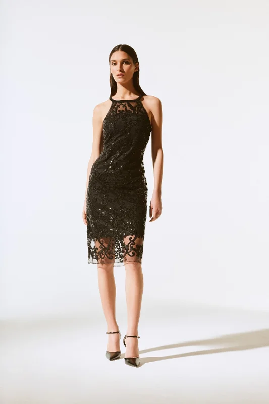 Act Now Joseph Ribkoff Black Sequined Lace Halter Evening Dress 243715