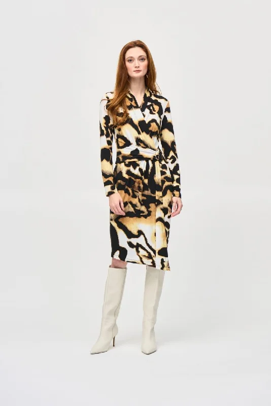 Overstock Joseph Ribkoff Off-White/Multi Animal Print Faux Wrap Sheath Dress 243143