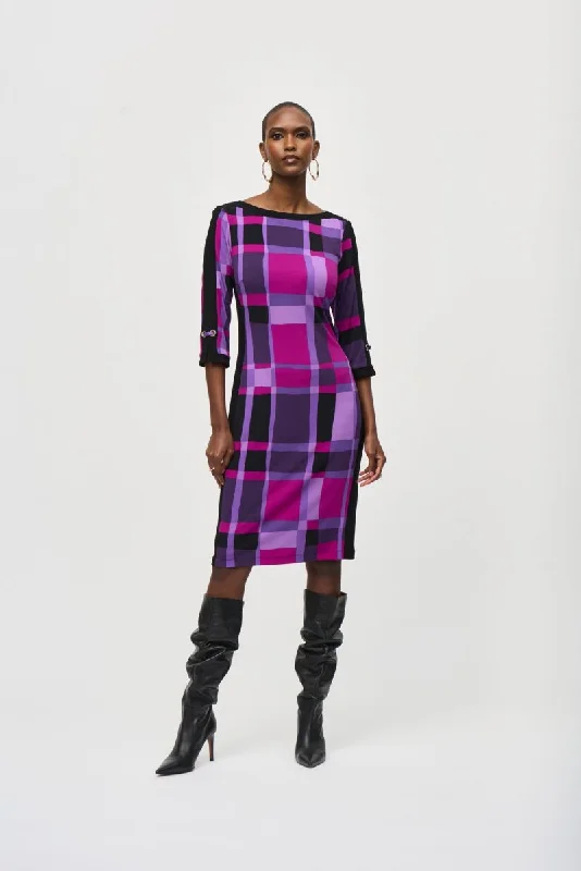 Stock Up and Save Joseph Ribkoff Purple/Black Geometric Print 3/4 Sleeve Sheath Dress 243301