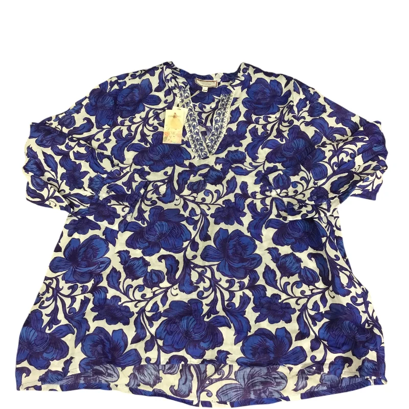 Steals and Deals Tunic Long Sleeve By Johnny Was In Blue & White, Size: L