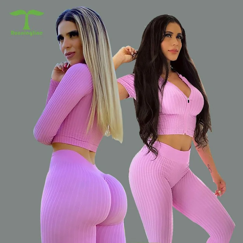 Seamless Ribbed Zipper Short Sleeve Top & Peach Bum Legging Yoga Set